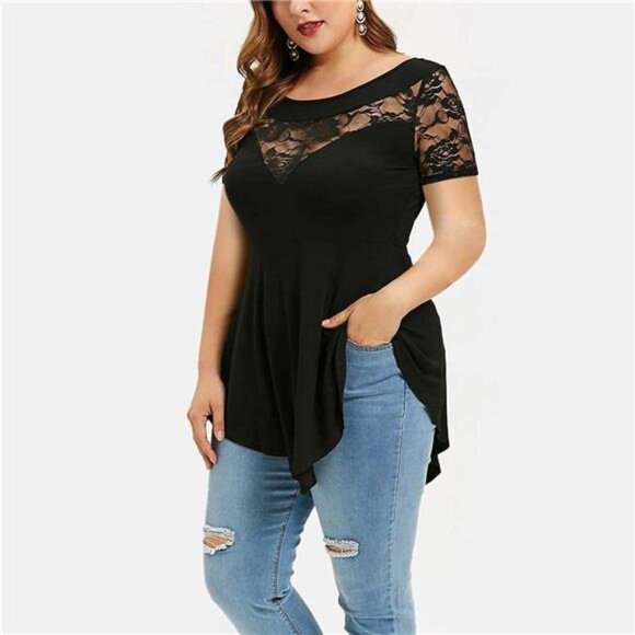 Womens Plus Size Tops O-Neck Asymmetric Short Sleeve Tunics Lace Blouse Shirts - Picture 2 of 4